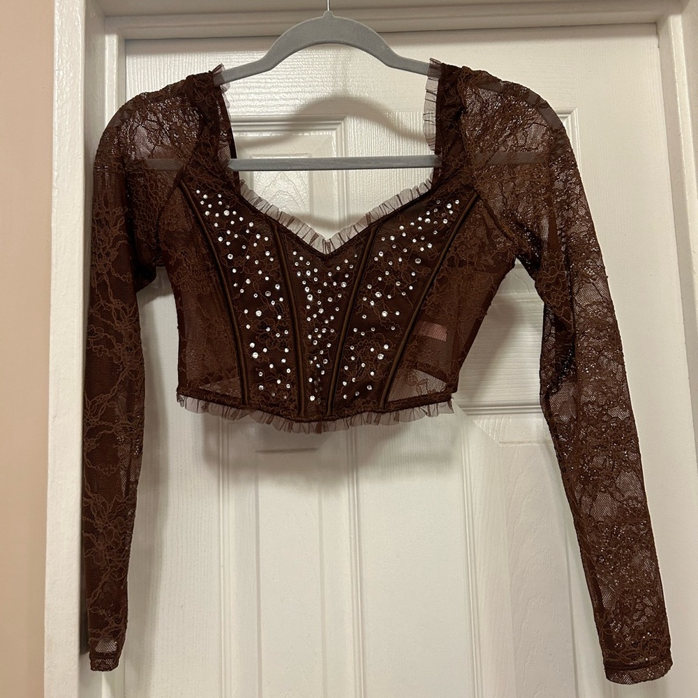 Victoria Secret Brown Rhinestone Corset Mesh Long Sleeve Top NWT